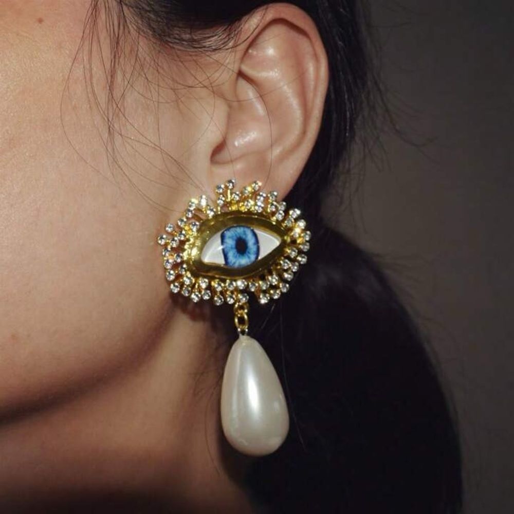 Anthropologie Gold Eye Earrings with Blue Iris and Pearl Drop